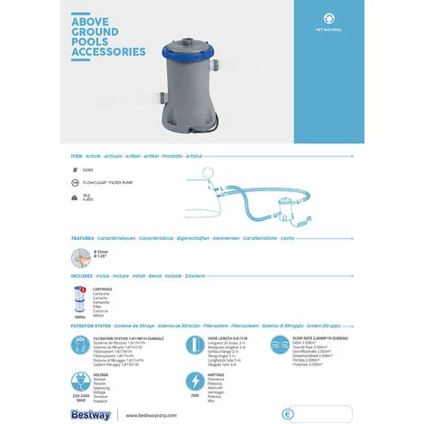 Pompe à Filtre 2.006 L/h - Pisicne Bestway Filtration - Pompe + Cartouche Incluse 5 Pompe à Filtre 2.006 L/h - Pisicne Bestway Filtration - Pompe + Cartouche Incluse – Image 5