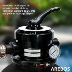 AREBOS Système De Filtre à Sable Avec Pompe | Noir | 400W | 10.200 L/h | Capacité Du Réservoir Jusqu'à 20 Kg De Sable | Vanne à 4 Voies Avec Poignée | Avec Manomètre - Noir -Accessoire Piscine 31543797 4