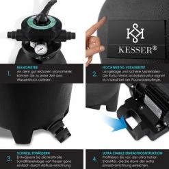 KESSER® Système De Filtre à Sable + 700 G De Billes Filtrantes Remplacent 25 Kg Filtre à Sable Vanne 7 Voies Avec Indicateur De Pression Filtre De Piscine 10 M³/h Système De Filtre Cuve De Filtre Pour Piscine Piscine 10200L/h, Le Noir -Accessoire Piscine 54289506 5